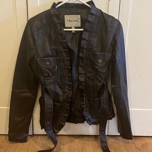 Oleg Cassini Dark Brown Faux Leather Ruffle-Front Belted Jacket